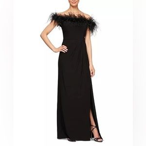 Alex Evenings Faux Feather Off the Shoulder Gown